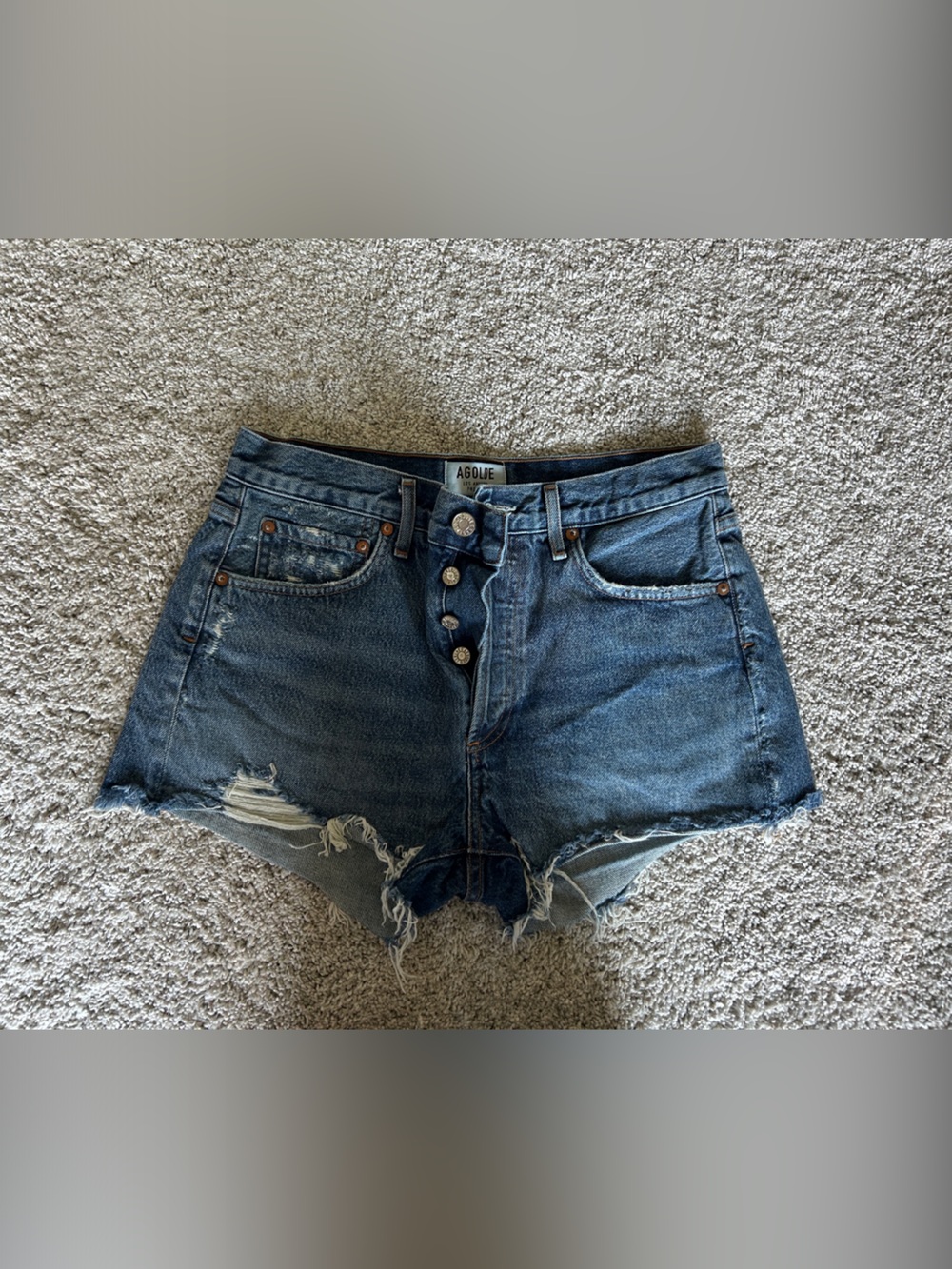 Agolde Parker Medium Blue Distressed High-Rise Denim Shorts